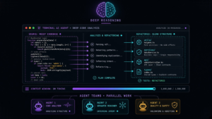 Claude Code terminal AI agent performing deep code analysis: messy codebase being refactored into clean structure with 1M token context and parallel Agent Teams