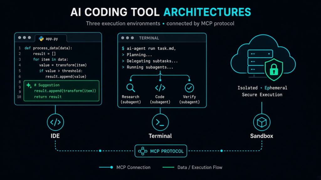 Three AI coding architectures compared: IDE, Terminal agent, and Cloud sandbox, connected by MCP protocol